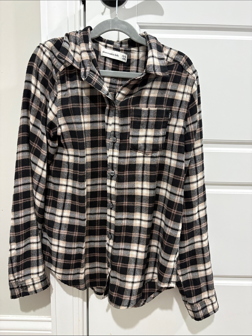abercrombie kids Black, Cream & Tan Plaid Hooded Flannel Shirt